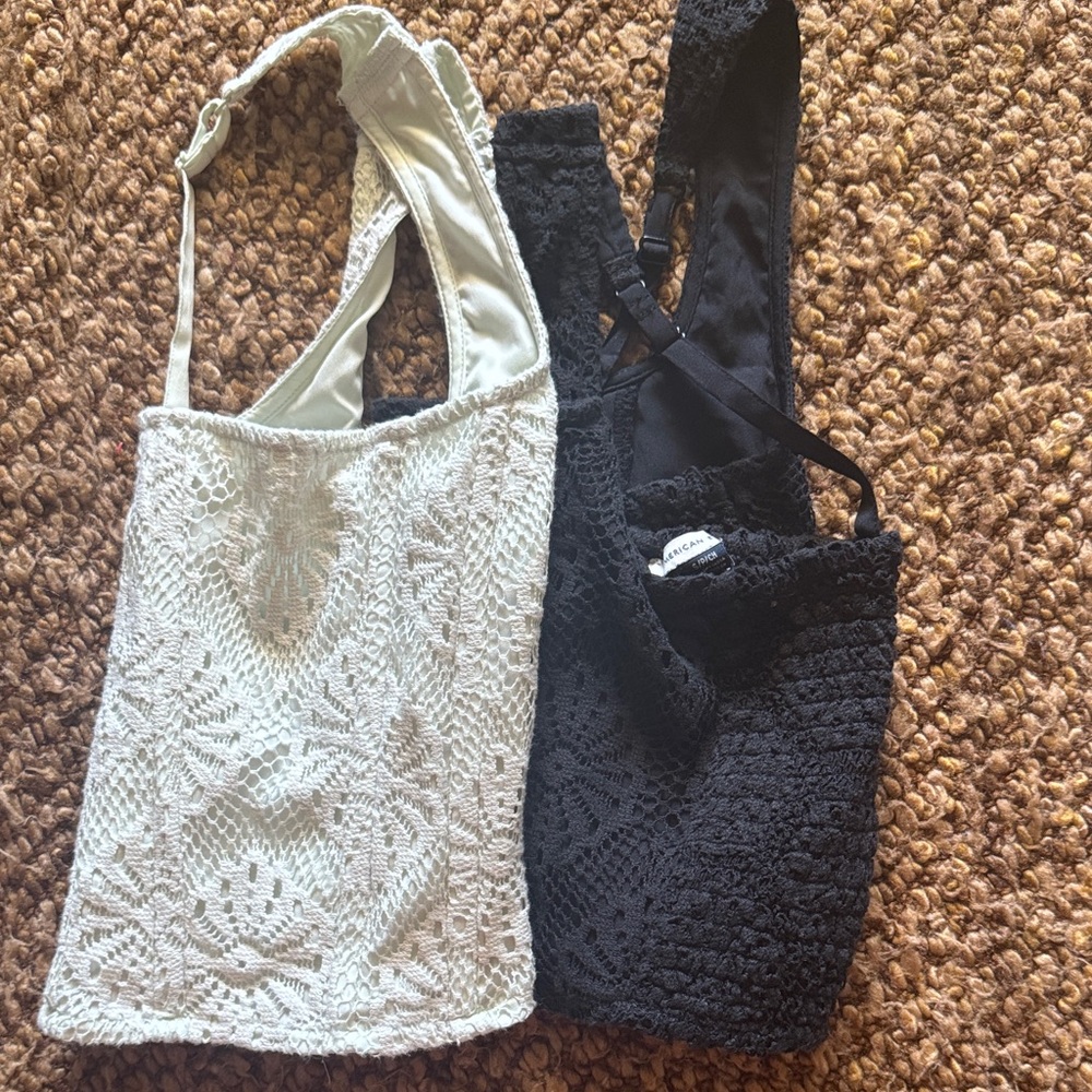 American Eagle Outfitters Black and Cream Lace Tank Tops